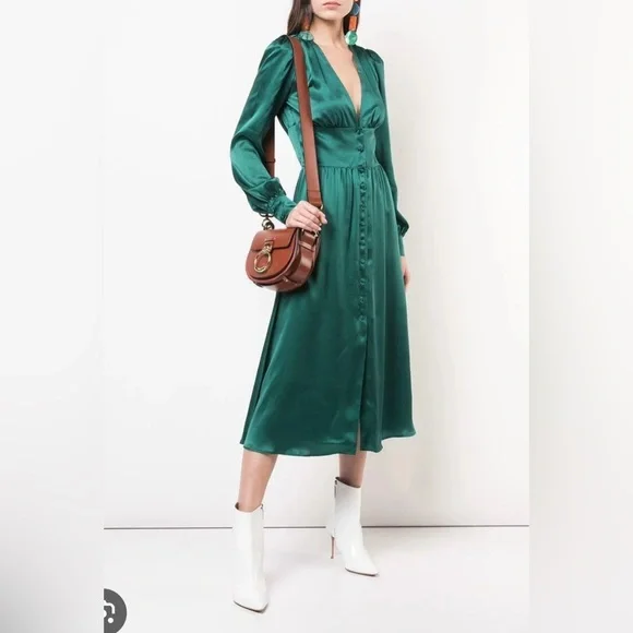 Reformation- NWT SZ 6 Nicola Green Silk Midi Dress Long Sleeves - Picture 6 of 6